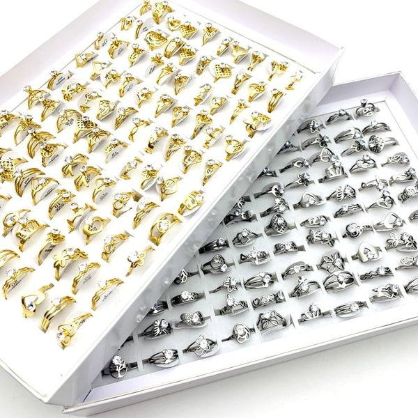 Wholesale 10pcs Stainless Steel Rings Womens Fashion Zircon Stone Jewelry Accessories Silver Gold Colors Matron Inn