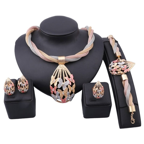 Dubai Gold Jewelry sets for women Butterfly Crystal Necklace Earring Ring Bangle Italian Bridal Wedding Accessories Jewelry Set Matron Inn