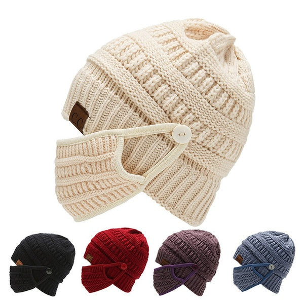 2pcs-set Winter Warm Face Mask & Knitted Hat Windproof Fleece Lined Bonnet Beanies Elastic Hat