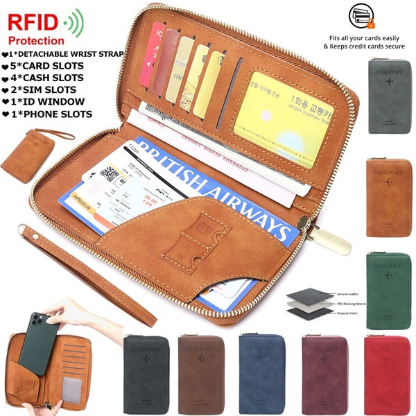 RFID Blocage Passeport Portefeuille En Cuir Véritable Long Portefeuille Billet De Stockage De Documents Voyage Téléphone Portefeuille Multi-fonction