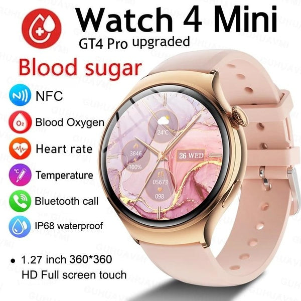 2024 GT4 Mini NFC montre intelligente femmes GPS Tracker 1.27 "AMOLED écran sucre dans le sang Bluetooth appel dame Smartwatch pour Android IOS