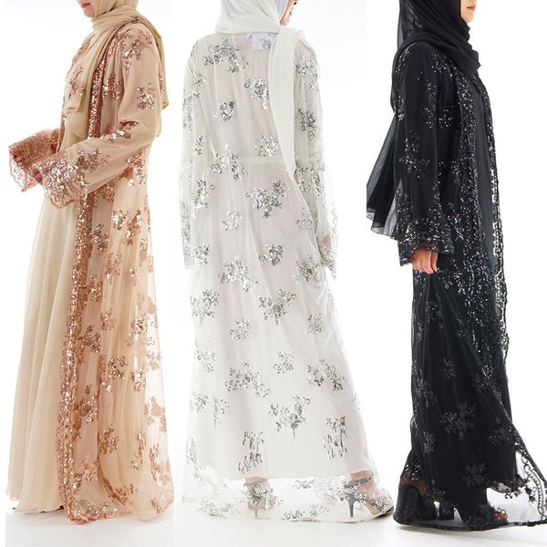 Womens Two Piece Long Sleeve Sequin Embroidery Cardigan+Dress Sets Muslim Dubai Abaya Maxi Dress Long Robe