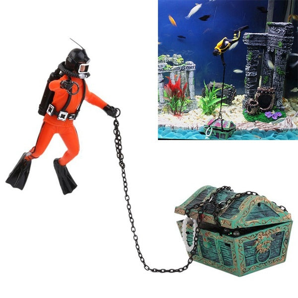 Aquarium Decoration Unique Design Treasure Hunter Air Action Diver Figure Tug of War Fish Tank Landscape Ornament Accessories