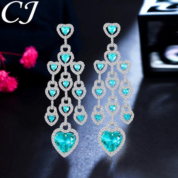 CANDICE Boucles d'oreilles pendantes longues en forme de caur pour femmes élégantes incrustées de bleu AAA zircone cristal plaqué or blanc luxe dame