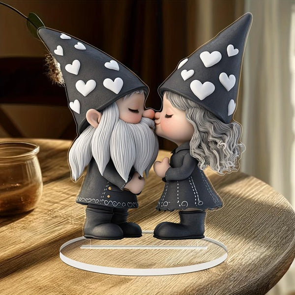 Romantic Gnome Couple Kissing Acrylic Sign Elegant Love-Themed Desk Decor for Home Cafe Office Perfect for Valentine's Day Gift