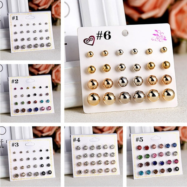 12 paires-ensemble élégant coloré cristal perles mariage boucles d'oreilles ensemble charme simple femmes argent Zircon boucles d'oreilles ensembles