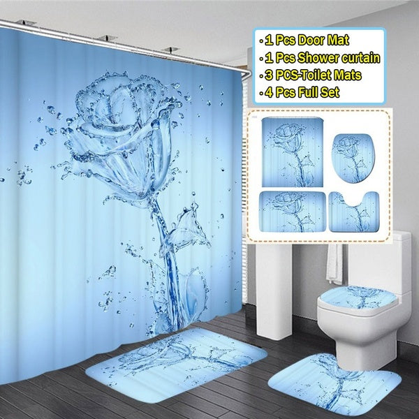 Blue Romantic Water Rose Bathroom Shower Curtain Set Decro Waterproof Bathroom Shower Curtain Mats Rugs Set Non-Slip Bathroom Carpets Toilet Lid Cove