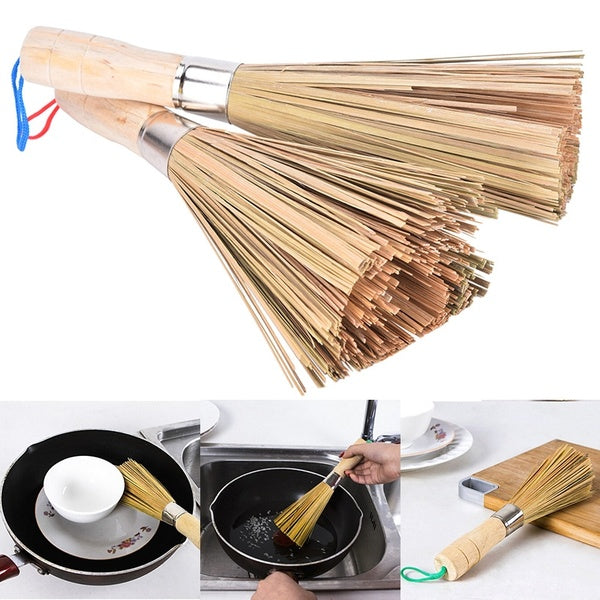 10 inch Cleaning Whisk, Bamboo Pot Scrubber Wok Brush With Wodeen Handle