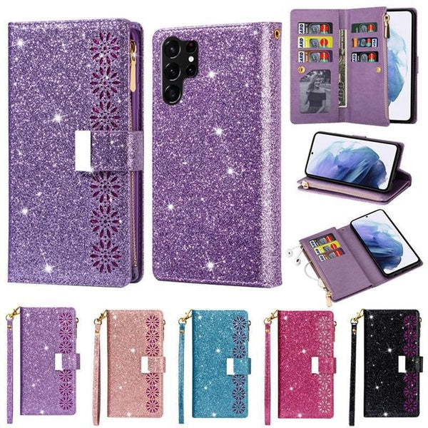 Wallet Multicard Laser Glitter Magnetic Flip Zipper Leather Case For iPhone 15 ProMax 14 ProMax 13 12 11ProMax XR XS 8 7Plus For Samsung Galaxy S24Ul