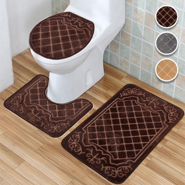 3pcs-1 Set Luxury Embossed Pattern Bath Mat, Super Anti Slip Bathroom Mat Easy To Clean U-Shape Contoured Toilet Mat & Rug & 1 Lid Cover for Tub Show