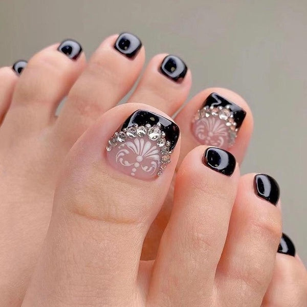 24pcs Fake Toe Nails White Flower Black French Glitter Diamond Summer Detachable Press On False Toenails Manicure Feet Nail Tips
