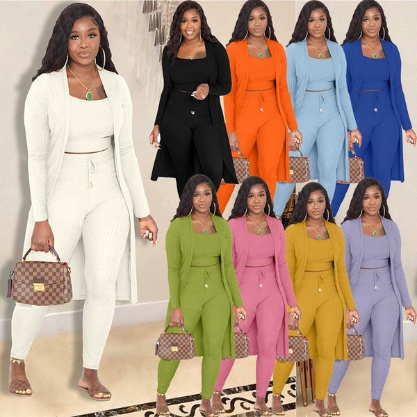 3pcs Ladies Suit Long Cardigan Tops+Bottoms Women's Fashion Sport Suit Tracksuit Casual Coat+Pants Vest Suits Solid Color Long Sleeve Cardigan Sweate
