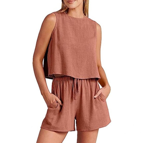 Women's Summer 2 Piece Outfits Shorts Sets Sleeveless Crop Top Tank and High Waisted Shorts Romper Pockets