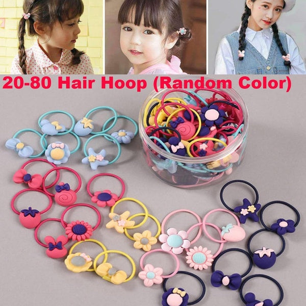 20-80PCS Hair Hoop Flower Hair Accessories Rubber Band Girls Cute Cartoon Strong Elastic Rubber Bands Colorful Child Kids Hair Holders ( Random Color