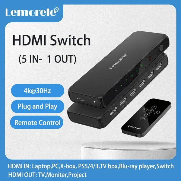 Lemorele HDMI Switch Splitter 5 ports HDMI 4K Switcher Selector Box 5 entrées 1 sortie avec télécommande IR HDR HDCP2.3 pour Xbox PS4 PC TV