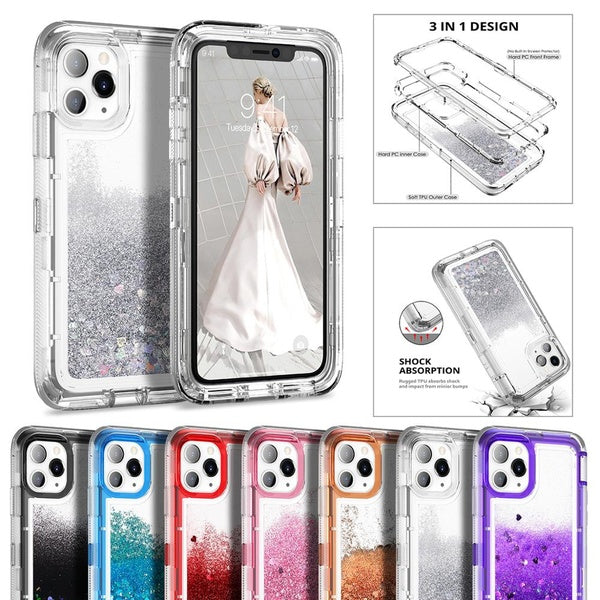 Glitter Dynamic Quicksand Case pour iPhone 13 12 11 Pro Max XS XR X 8 6 S 7 Plus SE Couverture Rigide Antichoc Armor Phone Back Case