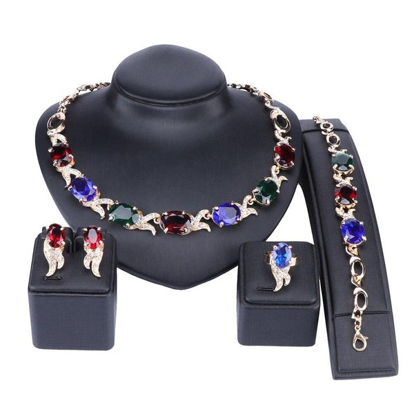 Women Bridal Crystal Zircon Jewelry Sets Wedding Necklace Bracelet Earrings Ring Brides Party Costume Jewellery Set