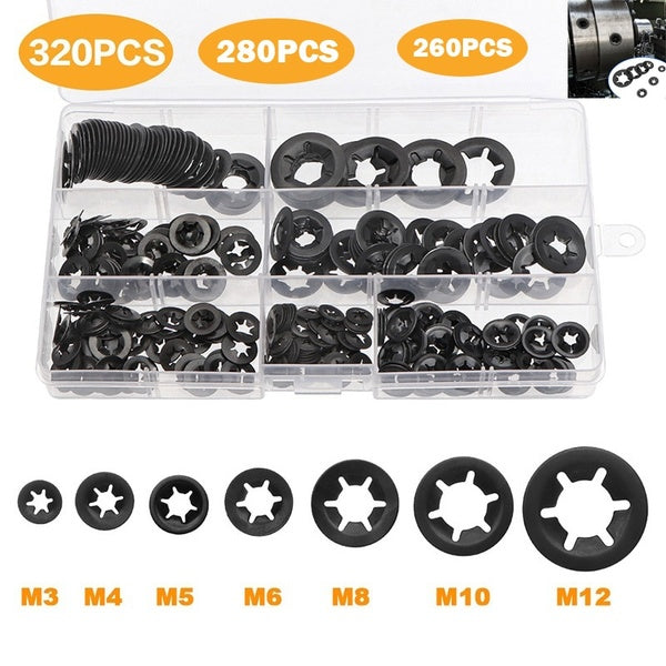 260-280-320PCS M3-M12 Metal Starlock Washer Push-on Locking Washer Fasten Assortment Kit