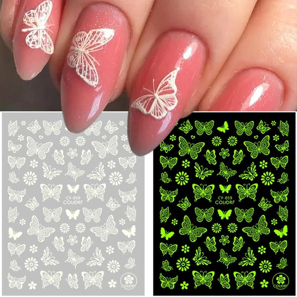 3D White Butterfly Nail Sticker Luminous Flowers Leaf Sunflower Nail Sliders Glow In The Dark Decals Spring Manicure GLCY028-063