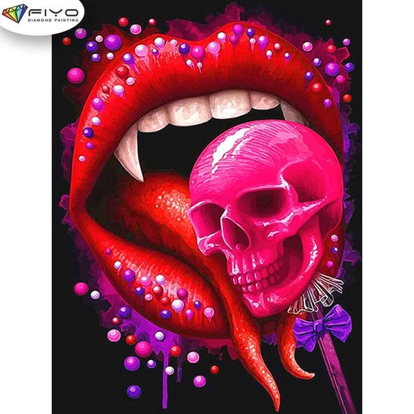 FIYO Skull Candy and Mouth Diamond Painting Kits For Adults DIY 5D Diamond Mosaic Diamond Painting Home and Kitchen Fashion Canvas Pictures Wall Deco