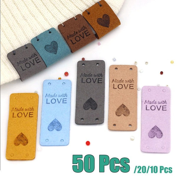 10-20-50Pcs Leather Label Made with Love Tags for Hats Knitted Handmade Label Decorative Clothes Gifts Bags Sewing Accessories
