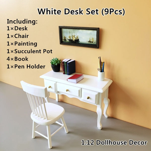 3 Colors Dollhouse Study Room Mini Desk & Chair-Books Dollhouse Accessories 1:12 Miniatures Collection