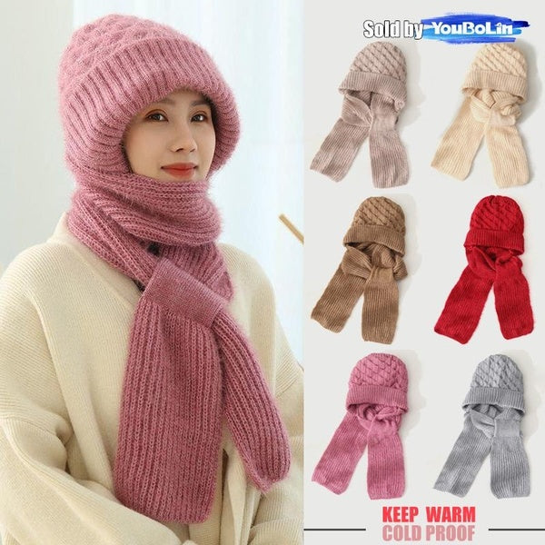 Womens Winter Double Warm Knitted Hat Padded Thickened Hat Scarf One Wool Knitting Net Red Explosion Models Wind and Snow Beanies Hats