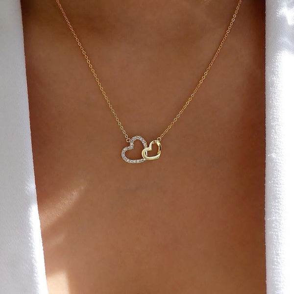 Fashion Gold Silver Double Heart Necklace Crystal Diamond Pendant Choker Necklaces for Women Gifts