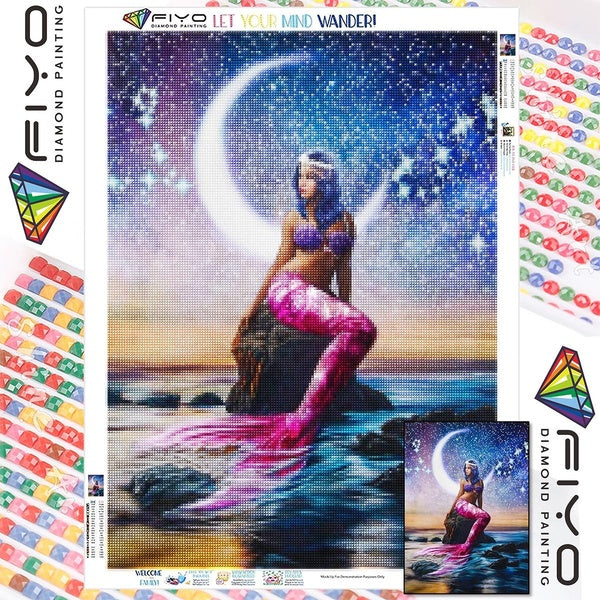 FIYO DIY 5D Mermaid Diamond Painting Full Drill with Number Kits Home and Kitchen Fashion Mosaic Diamond Painting Canvas Wall Decoration Gift Crafts