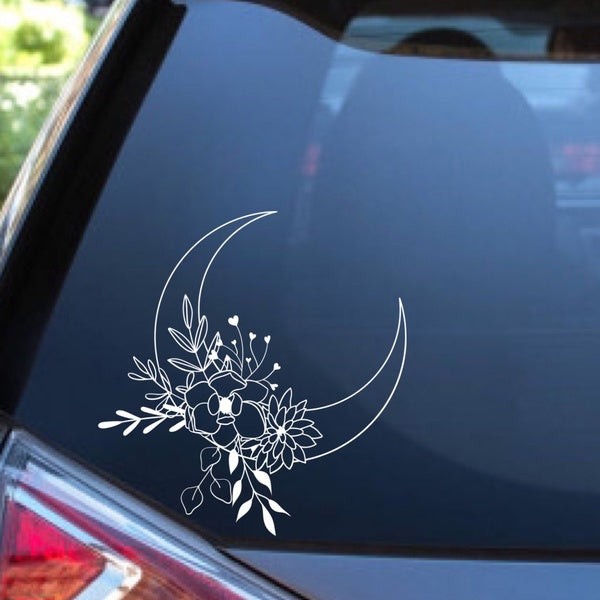 2pack, Crescent Moon Flower Car Decal, Vinyl Decal, Window Sticker
