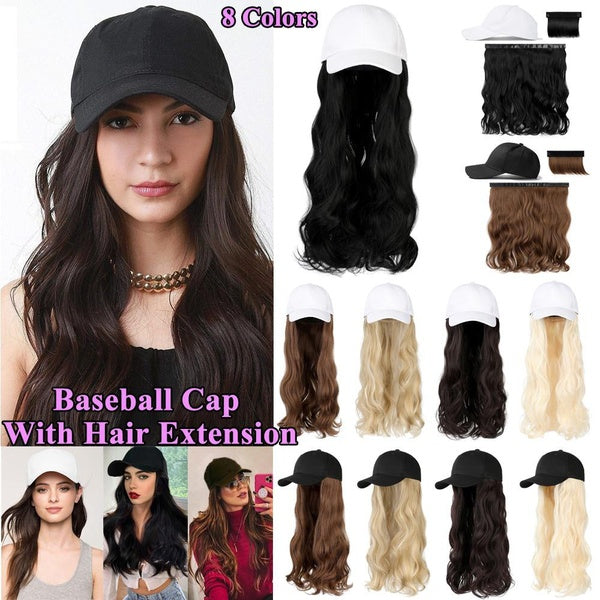 1pc Baseball Cap with Hair Attached Hat Wigs with Hair Attached for Women Synthetic Long Wavy Wig with Black Hat Hair Extensions Blonde Black Brown H