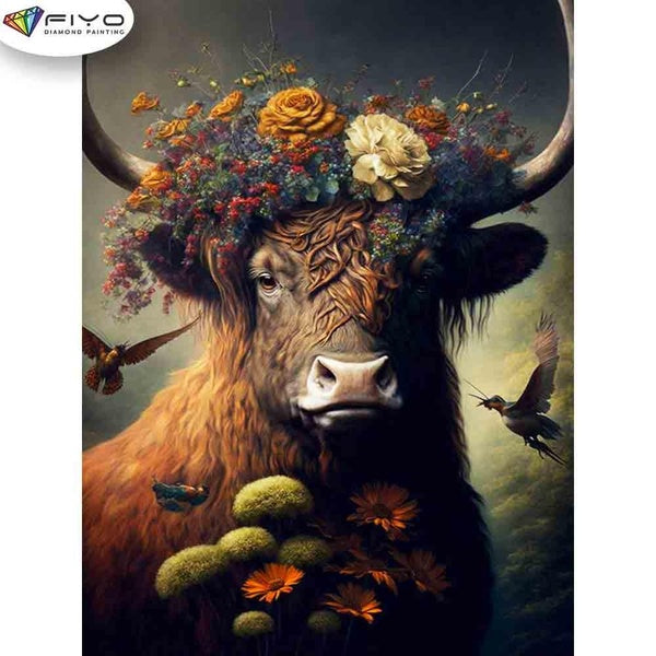 FIYO Old Cow Diamond Painting Kits For Adults DIY 5D Diamond Mosaic Diamond Painting Home and Kitchen Fashion Canvas Pictures Wall Decoration Gifts A