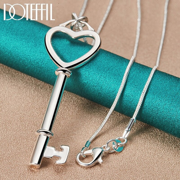 925 argent Sterling coeur clé pendentif collier 16-30 pouces serpent chaîne pour femme mode fiançailles charme bijoux