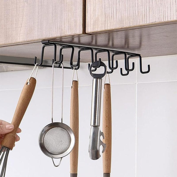Kitchen Utility Hooks,Wall Mount Kitchen Utensil Rack With 6 Hooks,Wall Mounted Rail,No Drilling Kitchen Utensil Holder,Space Saving Kitchen Wall Hoo