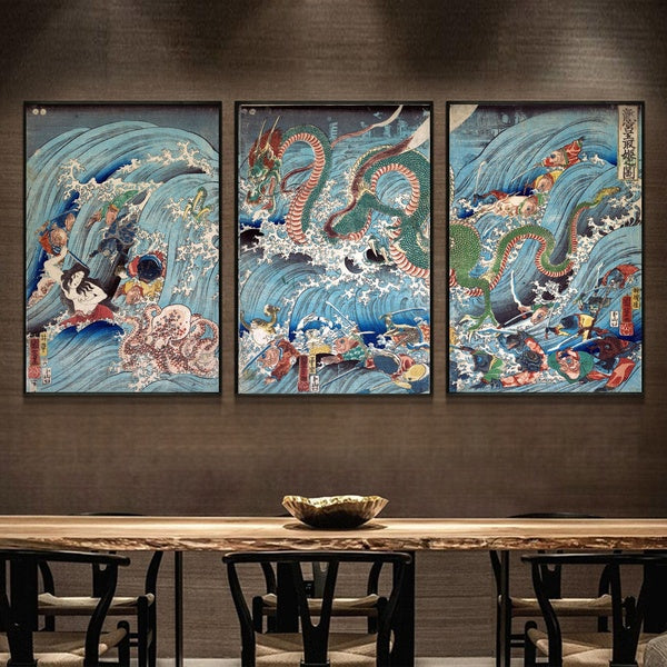 Set 3 Prints Japanese Ukiyo-e Painting Great Wave Dragon Monster Silk Canvas Poster Asian Art No Frame Wall Decor FU141