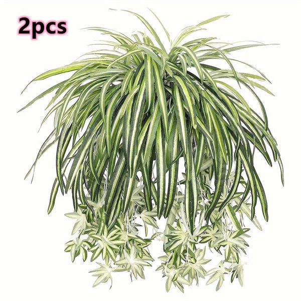 2pcs Artificial Hanging Spider Plants Lifelike Silk Greenery for Indoor Home, Garden, Office, and Wedding Decorations