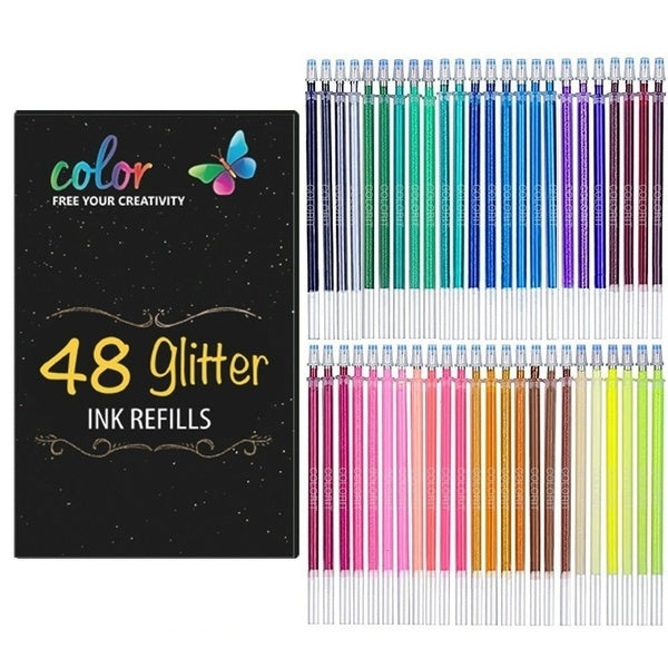 ALL NEW 48 Glitter Neon Color Ink Refills - Easy to Replace Cartridges for Glitter Gel Pen Set