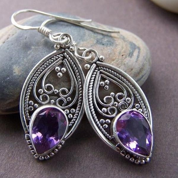 Nouveau style bohème améthyste boucles d'oreilles pendantes exquise luxe creux marquise rétro sculpté incrusté goutte boucles d'oreilles en pierres p