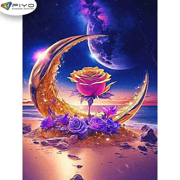 FIYO Moon and Rose Diamond Painting Kits For Adults DIY 5D Diamond Mosaic Diamond Painting Home and Kitchen Fashion Canvas Pictures Wall Decoration G