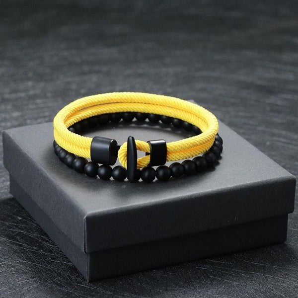 New In 2Pcs Men Bracelet Set Unique Accessories Natural 6mm Onyx Stone Beaded Braclet Pirate Lucky Rope Braslet Gift For Him Matron Inn