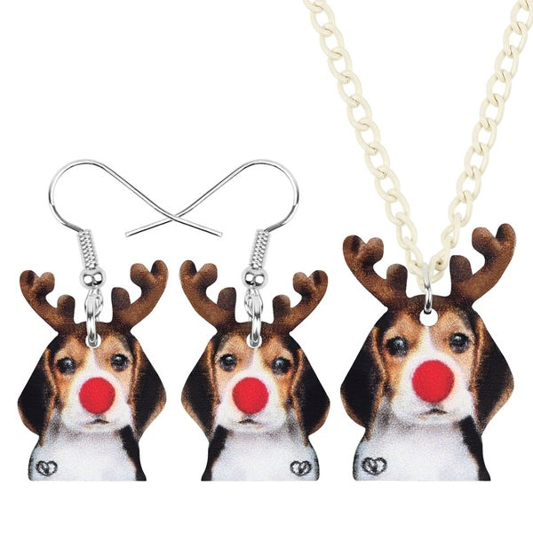 Acrylic Christmas Antlers Beagle Dog Jewelry Set Drop Dangle Earrings Necklace Animal Jewelry For Women Girls Teens Charms Gift Accessory