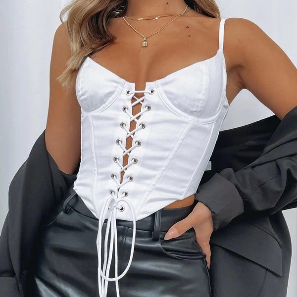 Spaghetti Straps Cross Hollow Lace-up Bustiers Crop Tops Fashion Women Solid Color Wrap Tube Tops Camis Back Zip Up Vest