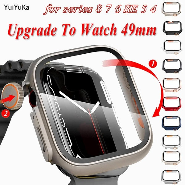 YuiYuKa Case with Tempered Glass Film for Apple Watch 8 7 45mm 41mm 40mm 44mm Upgrade To Apple Watch Ultra 49mm Accessories Screen Protector PC Cover Matron Inn
