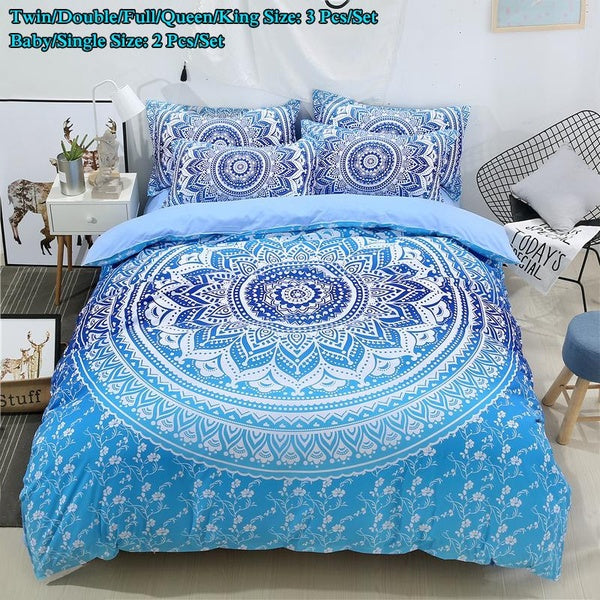 2-3Pcs Boho Bedding Set Baby-Single-Twin-Double-Full-Queen-King Size Bedding Sets Bedclothes Bohemian Mandala Duvet Cover Pillowcase Blue Bed Sets