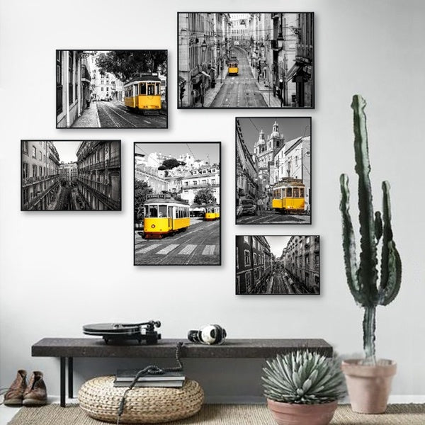 Portugal Lisbon Historic Architectural Posters and Prints Black White Wall Pictures Home Decor Old Street Yellow Tram Canvas Painting