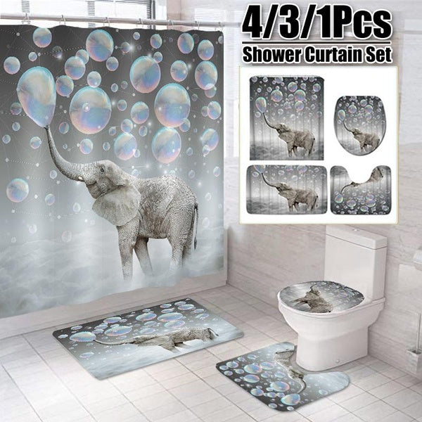 3D Printing Bubbles Elephant Waterproof Bathroom Shower Curtain Toilet Cover Mat Non-Slip Floor Mat Rugs Set 4-3-1 Pcs Bathroom Decor