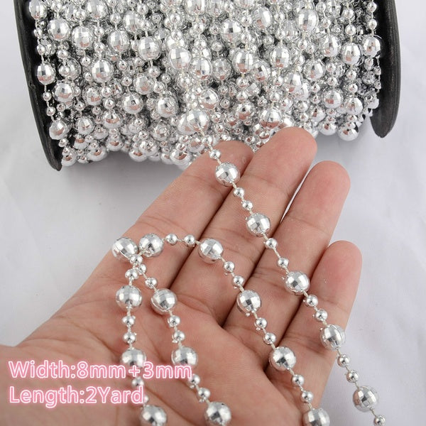 Silver Round Shape Plastic Pearl Rhinestone Chain Trims 2 Yard-Pack 8mm+3mm Beads Home Holiday Decoration Craft DIY
