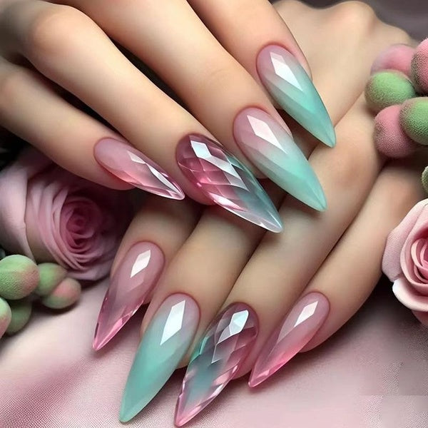 Long Stiletto Fake Nails Gradient Cat's Eye False Nails Full Cover Press on Nails DIY Nail Tips Artificial Fingernail