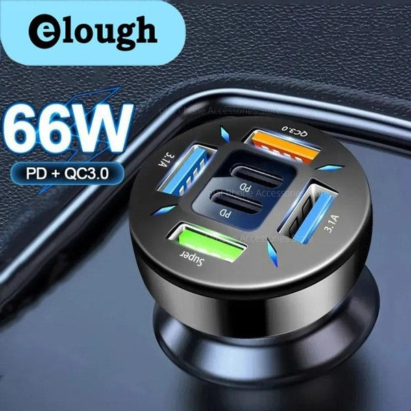 Elough 66W 4-6Ports USB Car Charger Type C Fast Charging PD Car Chargers Adapter for iPhone Xiaomi for Samsung USB Type C Car Phone Charger