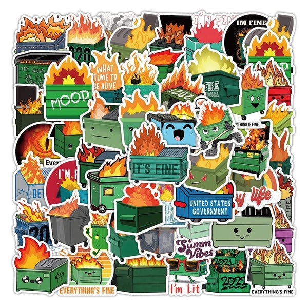10-50pcs Funny Dumpster Fire Stickers Dustbin Trash Fire Graffiti Stickers for DIY Luggage Laptop Skateboard Motorcycle Bicycle Sticker